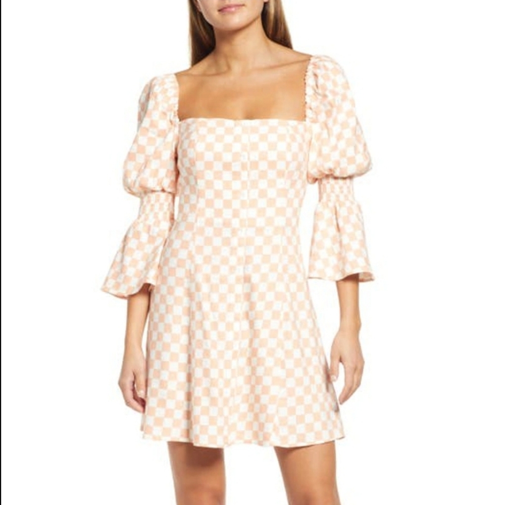 Wayf Juliet Sleeve Linen Blend Dress In Peach Checker XL Coquette Fairytale